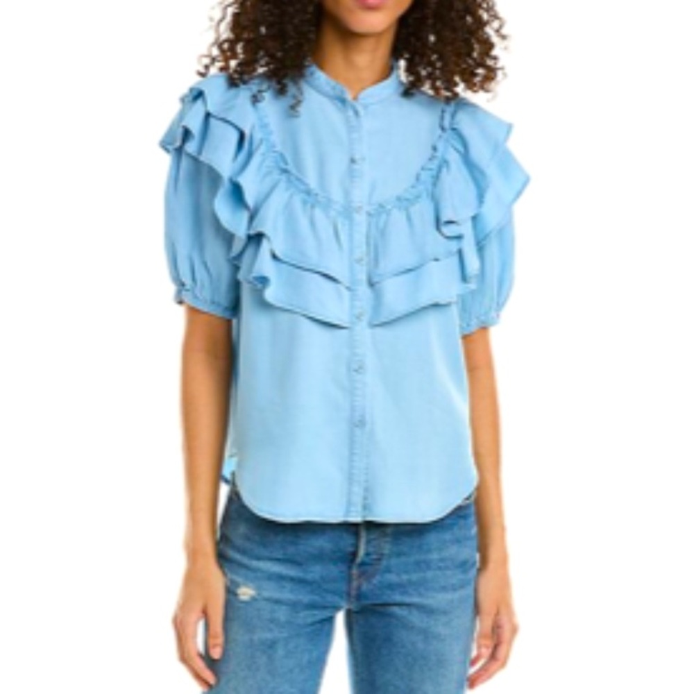 Stellah Sz M Chambray Blue Ruffle Blouse